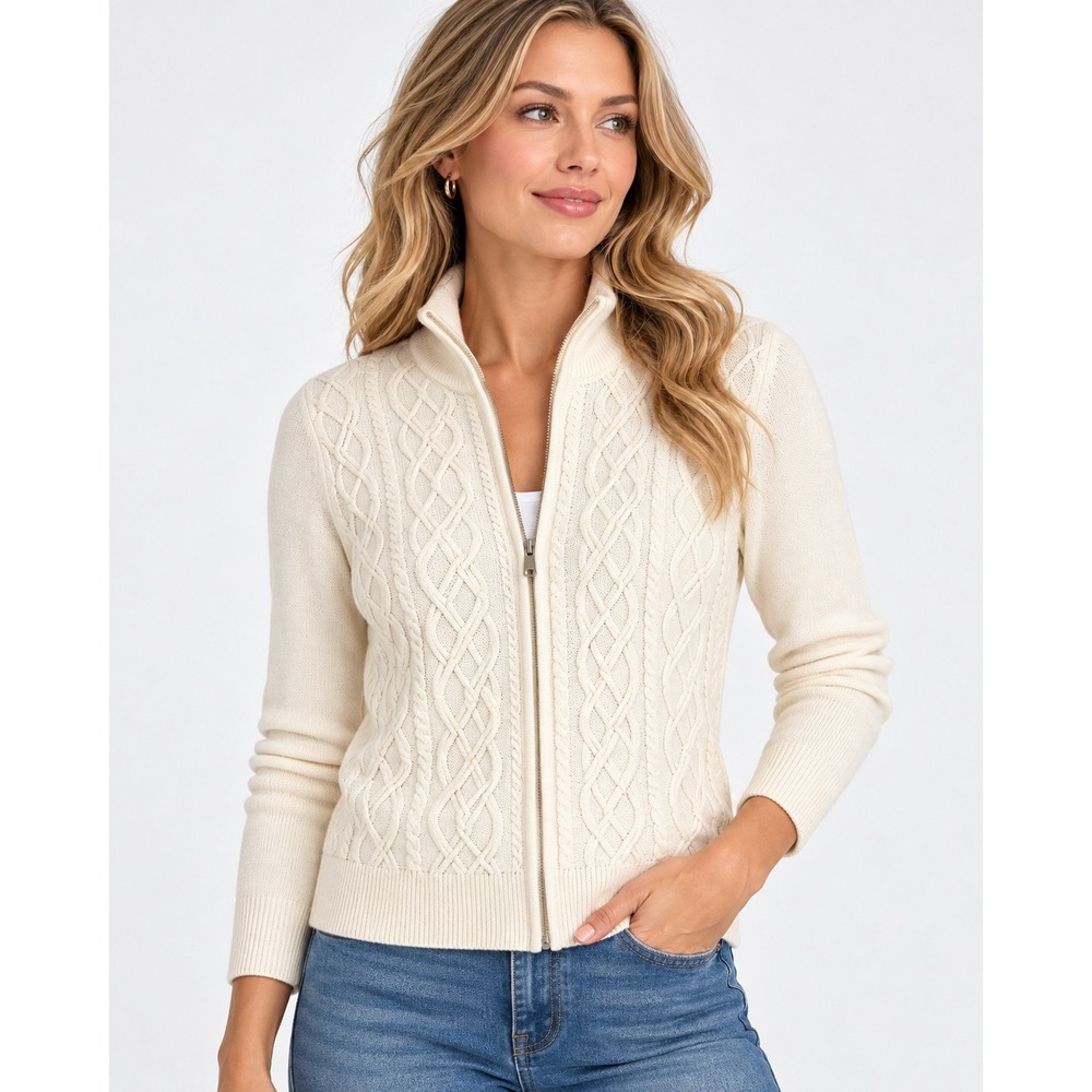Talbots Cable Knit Cardigan Sweater Ivory Zip Up Preppy minimalist Luxe Core
